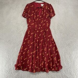 Unique Vintage Midi Dress Womens M Red Floral Fit Flare Keyhole Flutter Sleeve